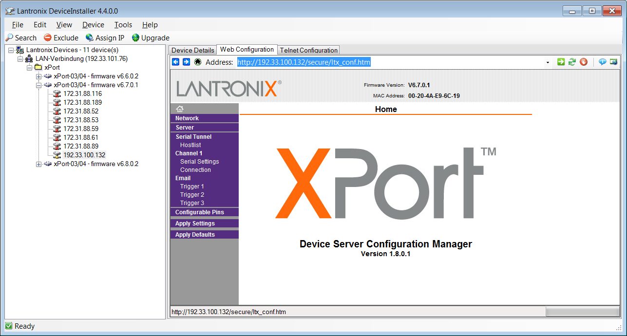 XPORT Adapter - Configuration of the XPORT